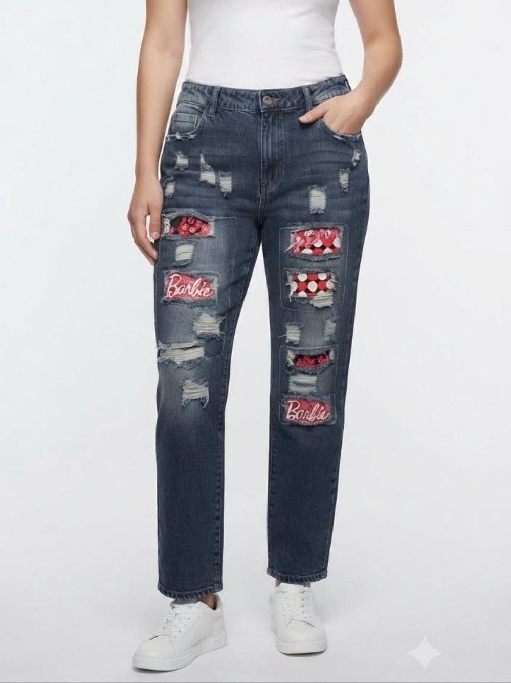Ripped Jeans With Barbie Patches Size Large 32 Waist